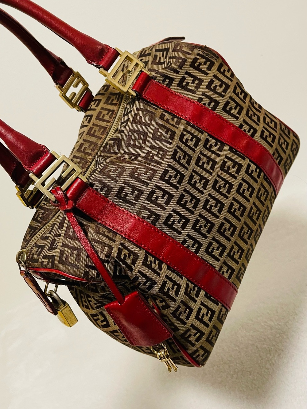 Fendi Authentic Brown Zucca Canvas Satchel with Red Leather Trim - Picture 3 of 15